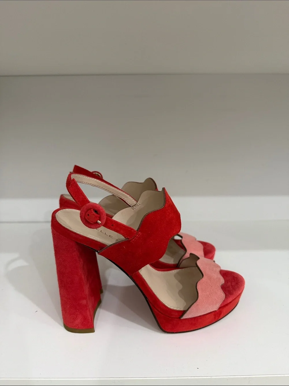 Two-Tone Red and Pink Suede Platform Sandals with Block Heel